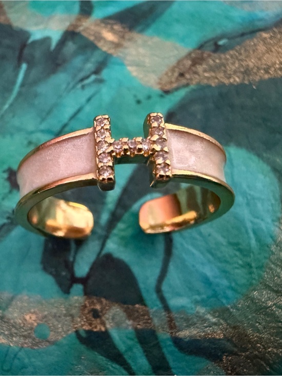 Jewelry - “H” Pave Set in Gold-tone and White Enamel Accent- Open Adjustable Ring